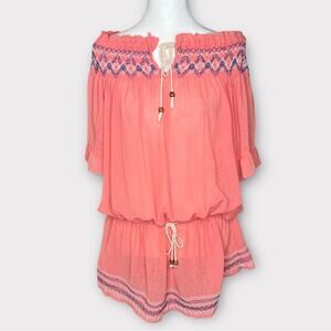 Smocked Embroidered Tie Tassel Tunic Top Size M Beach Boho Cover-Up